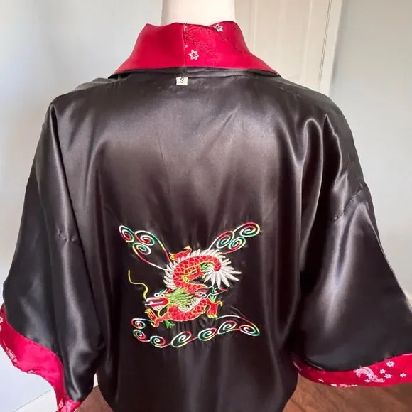 VTG Embroidered Dragon Reversible Satin Kimono Robe Asian Print Smoking Jacket S - Picture 13 of 16